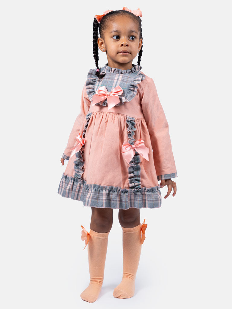 Baby Girl Eri Collection Velvet Dress with Tartan Accents - Peach
