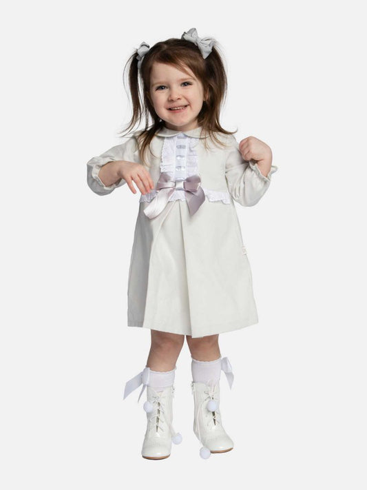 Baby Girl Julieta Classic Dress With Bow Long Sleeves - Grey
