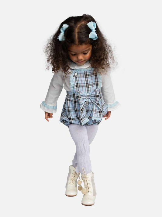 Baby Girl Tartan Romper Set with Bow and Lace-Baby Blue