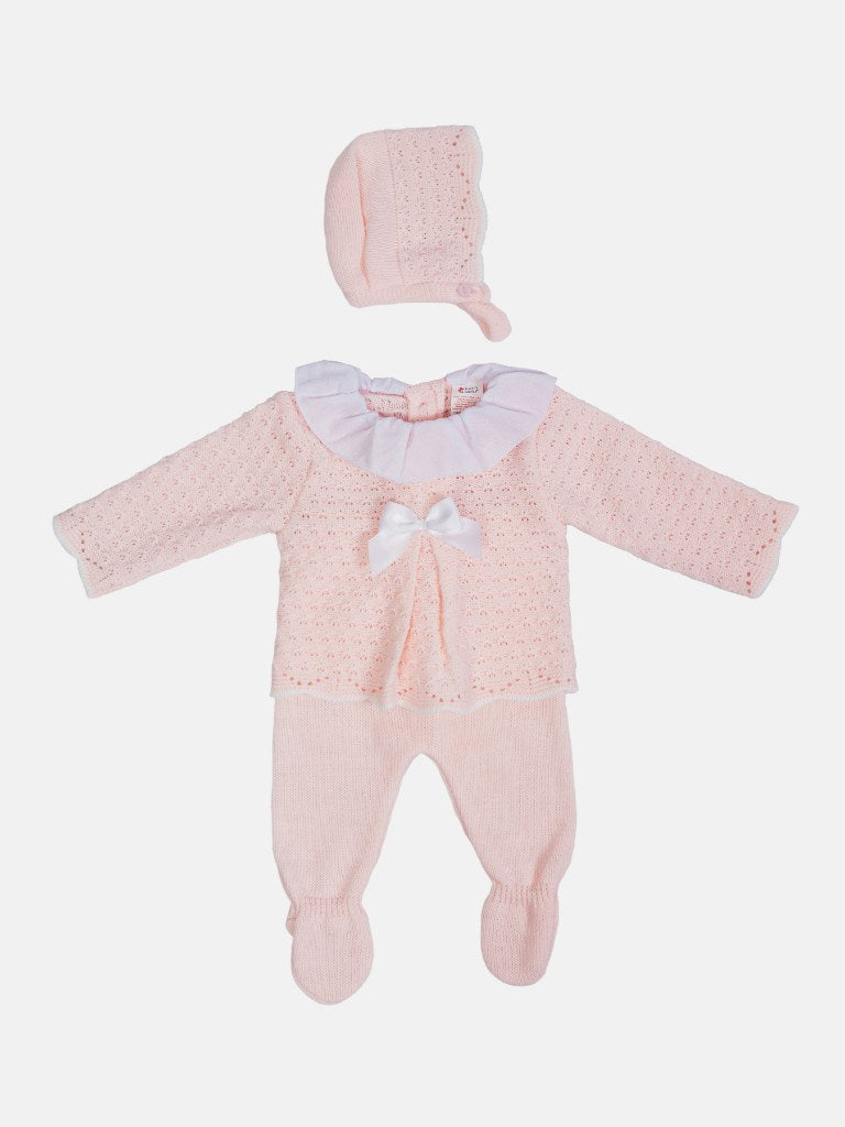 Baby Girl Mia Collection 3-piece Knitted Set with Bow and Bonnet-Baby Pink