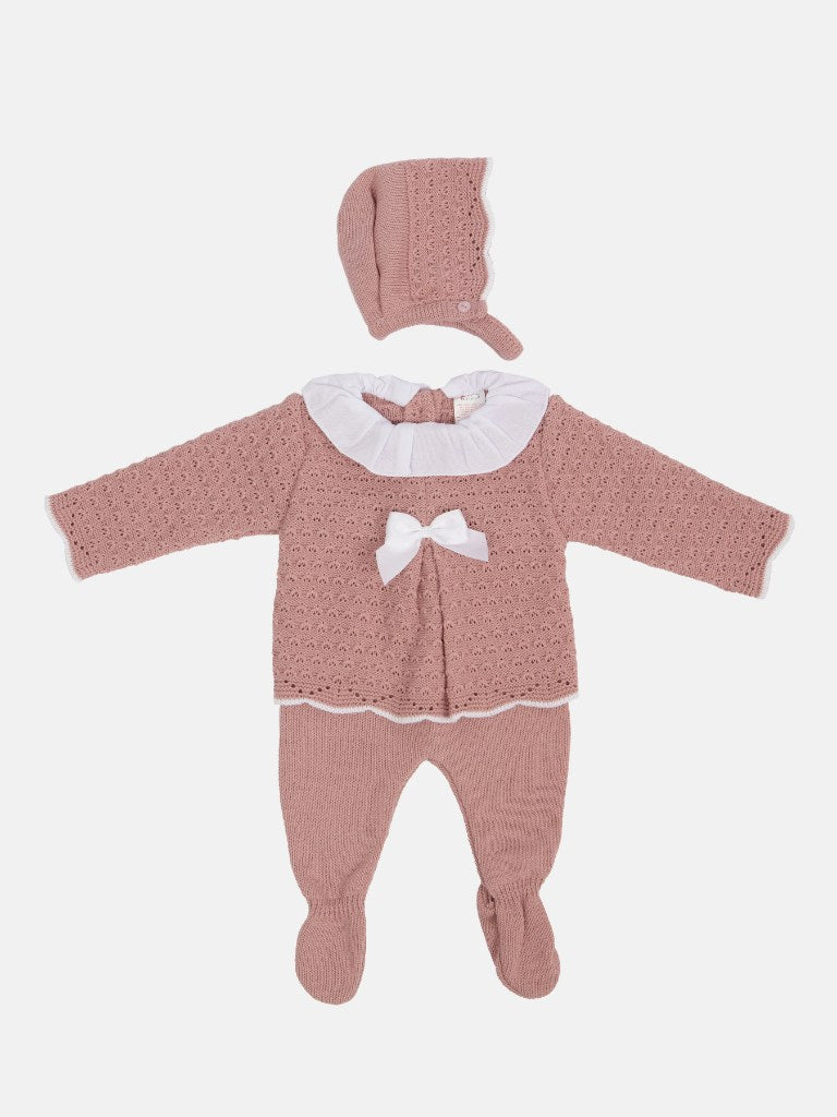 Baby Girl Mia Collection 3-piece Knitted Set with Bow and Bonnet-Dusty Pink
