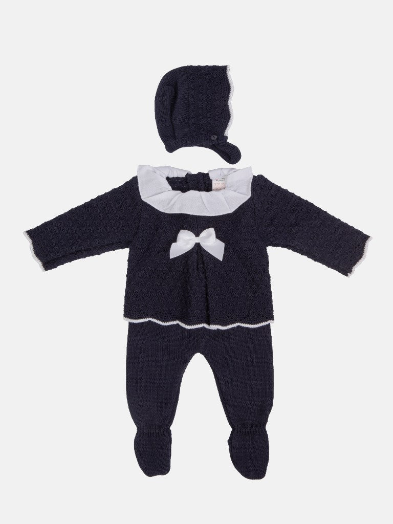 Baby Girl Mia Collection 3-piece Knitted Set with Bow and Bonnet-Navy Blue