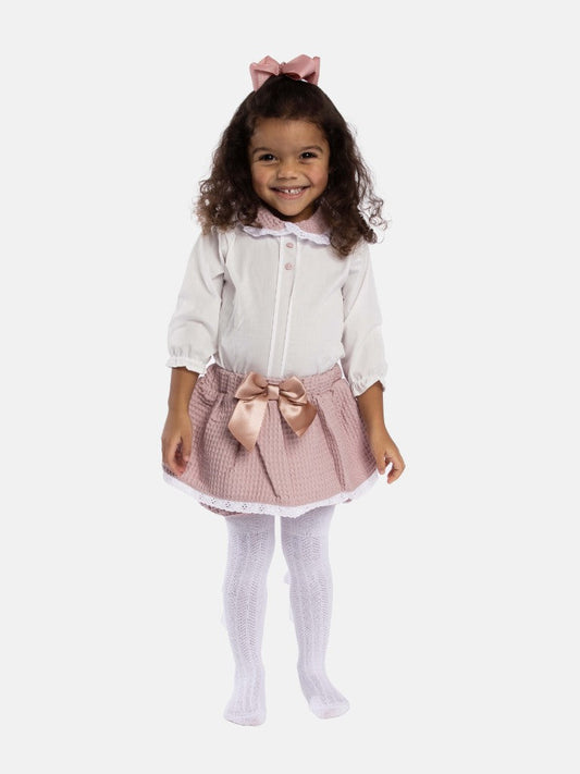 Baby Girl Rosa Waffle Romper with Big Bow and Lace - Rose Pink