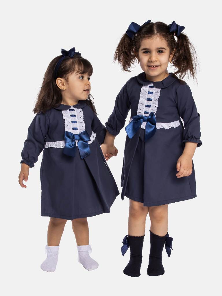 Baby Girl Julieta Classic Dress With Bow Long Sleeves - Navy Blue