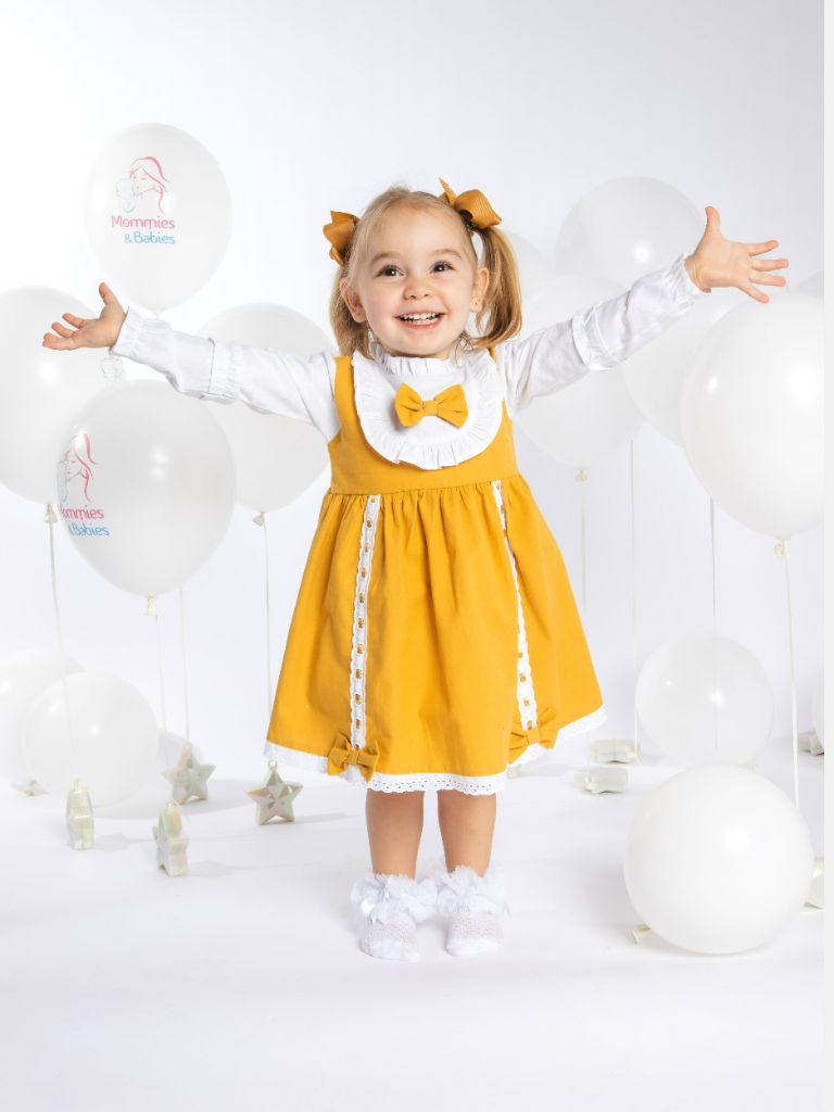 Baby Girl Lucia Collection Dress with Bows and Frilly long sleeve - Mustard