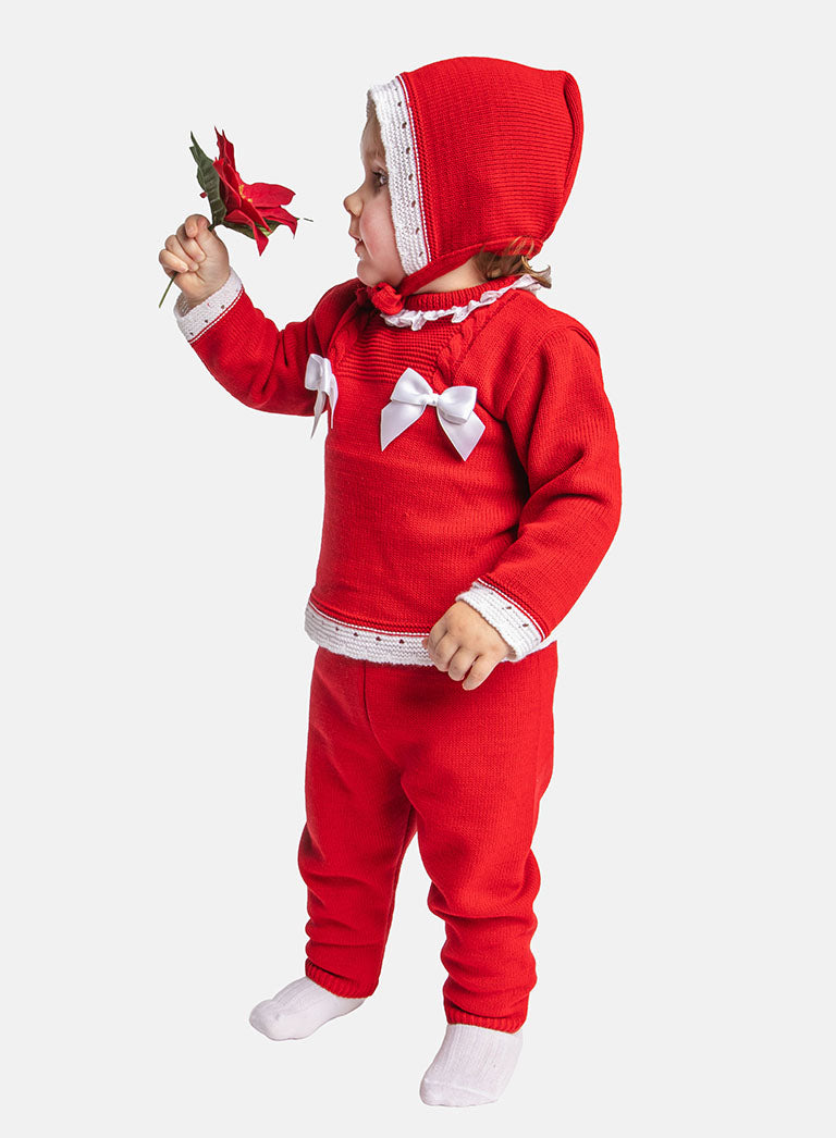 Baby Girl Ana Collection 3-piece Knitted Set with Bonnet - Red