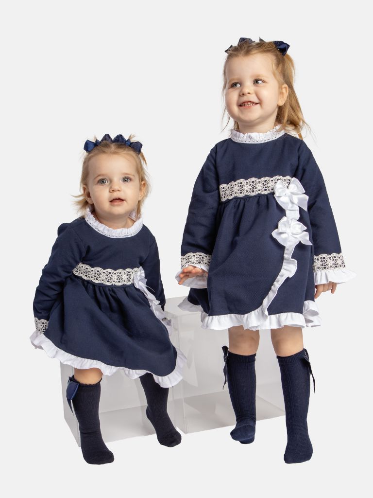 Baby Girl Lorianna Collection Spanish Dress with Ruffles and Bows-Navy Blue