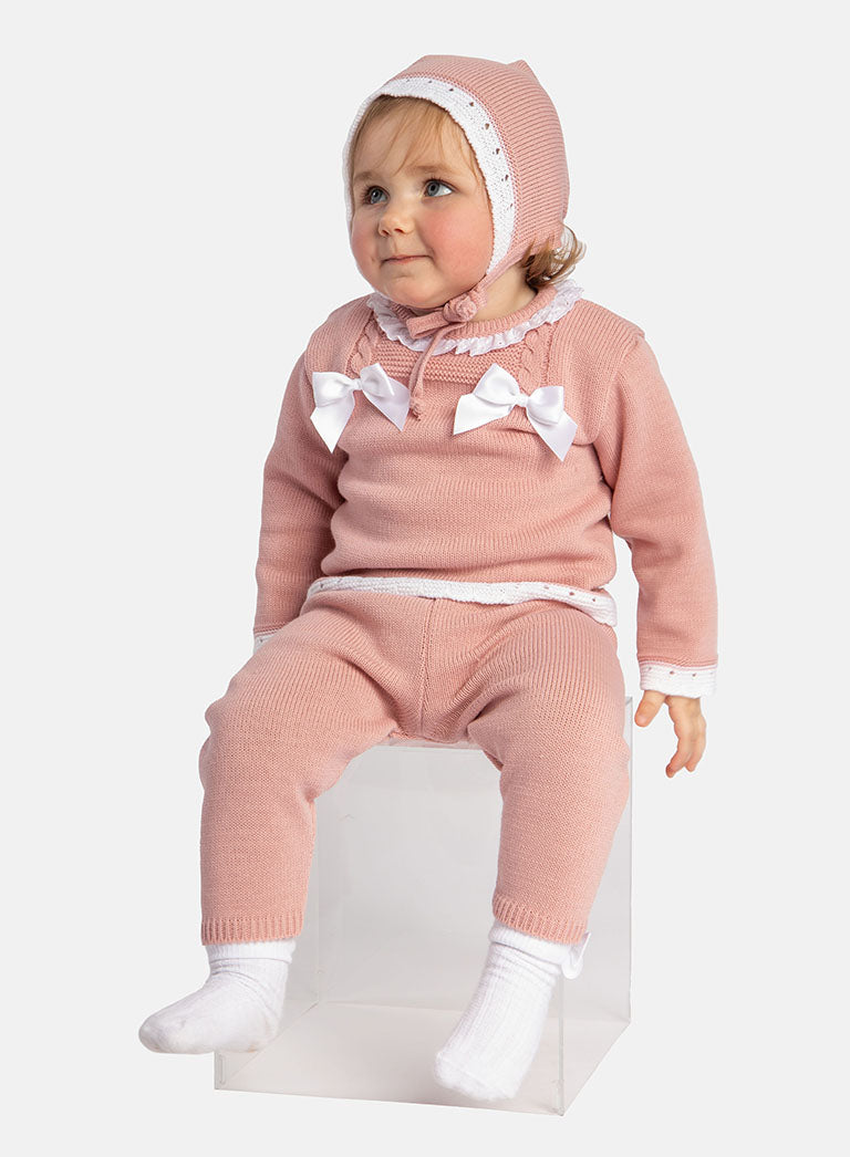 Baby Girl Ana Collection 3-piece Knitted Set with Bonnet - Dusty Pink