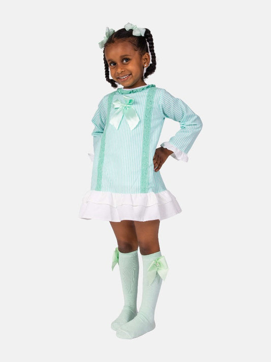 Baby Girl Blanca Collection Spanish Striped Dress with Bonnet-Aqua Blue
