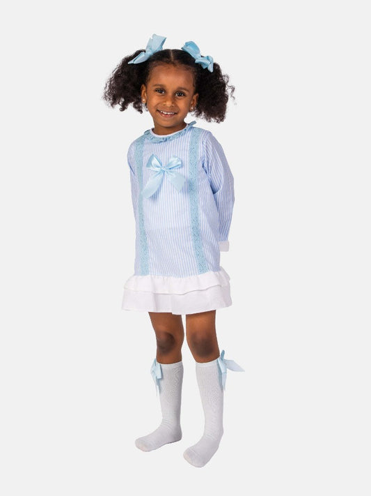 Baby Girl Blanca Collection Spanish Striped Dress with Bonnet-Baby Blue