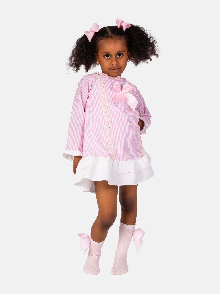 Baby Girl Blanca Collection Spanish Striped Dress with Bonnet-Pink