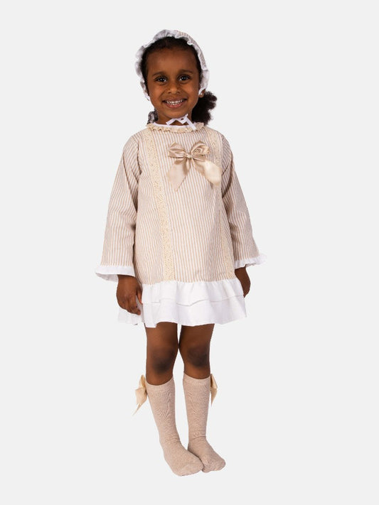 Baby Girl Blanca Collection Spanish Striped Dress with Bonnet-Beige