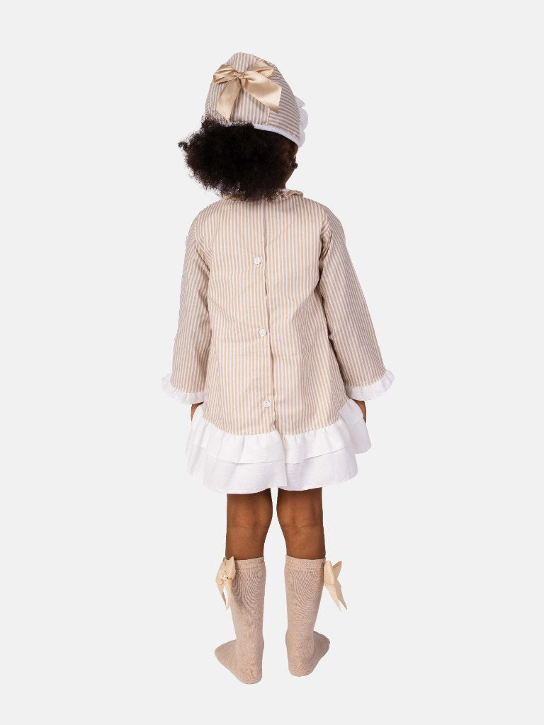 Baby Girl Blanca Collection Spanish Striped Dress with Bonnet-Beige