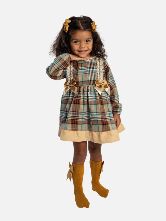 Baby Girl Ava Collection Tartan Spanish Dress-Mustard Beige