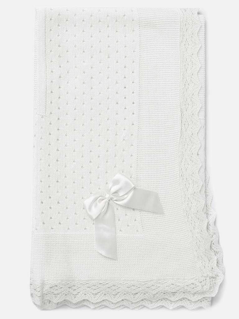 Baby Open Dot Knitted Spanish Blanket with Bow - White