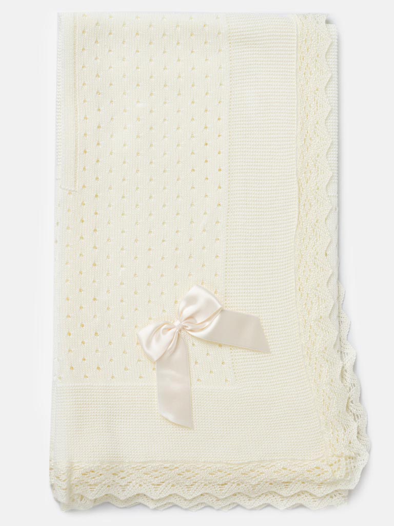 Baby Open Dot Knitted Spanish Blanket with Bow - Ivory