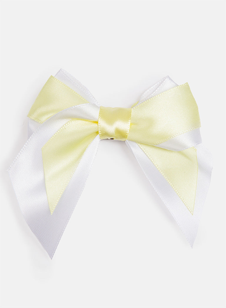 Baby Girl Satin Double Bow Hairclip - Lemon Yellow & White
