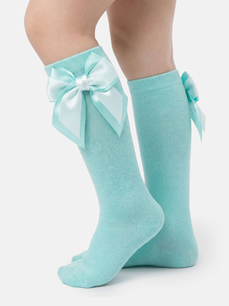 Baby Girl Knee Socks with Satin Double Bow - Mint, Mint & White