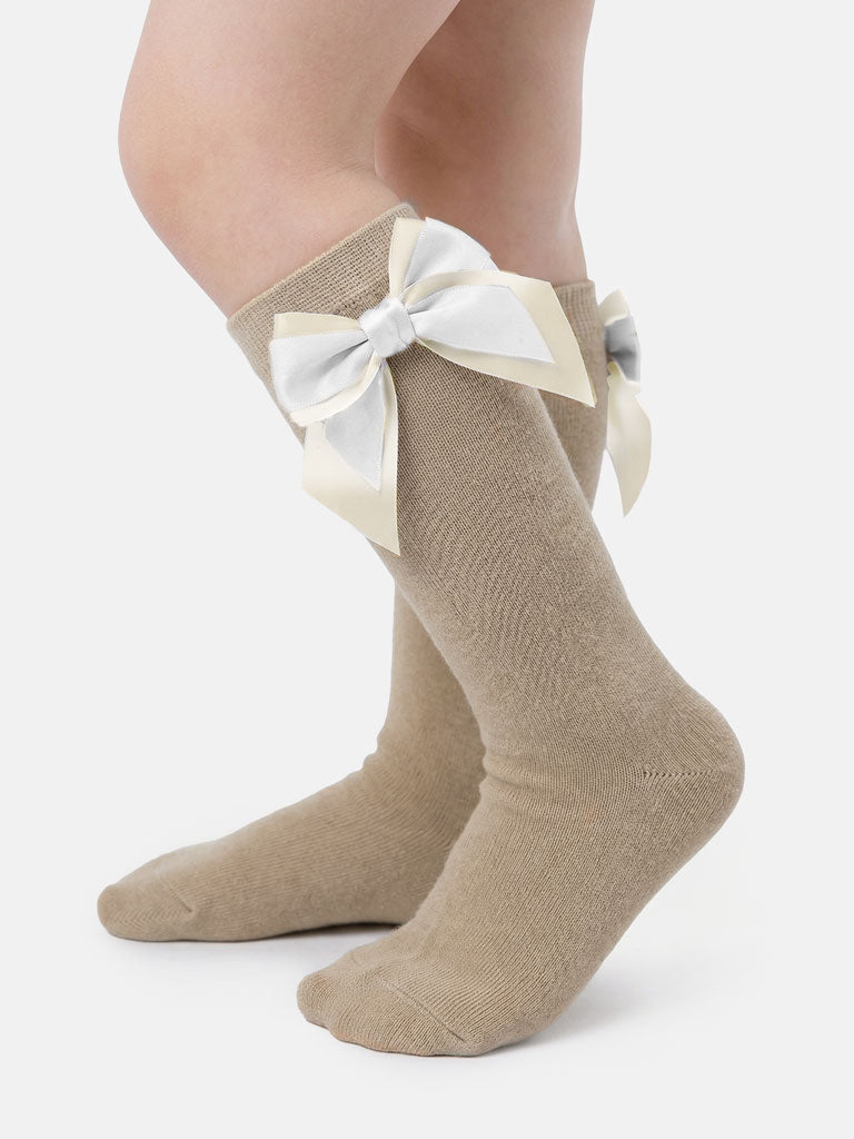 Baby Girl Knee Socks with Satin Double Bow - Beige, Beige & White