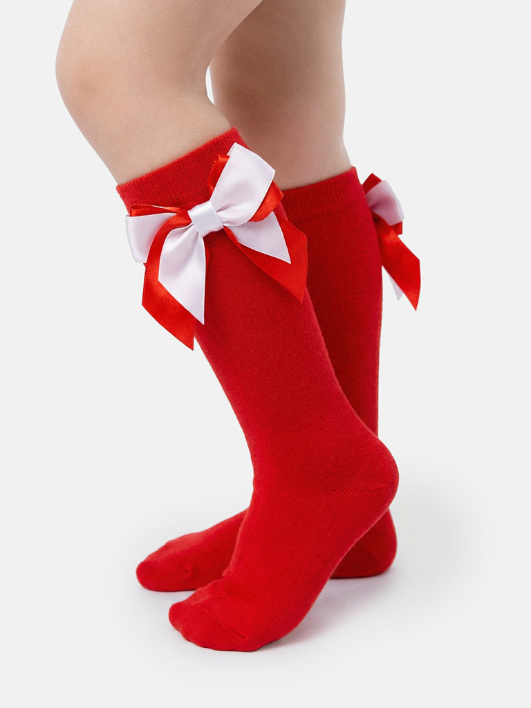 Baby Girl Knee Socks with Satin Double Bow - Red, Red & White