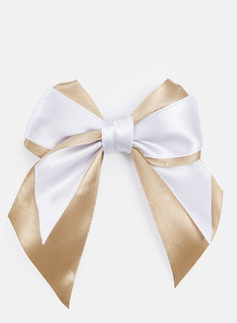 Baby Girl Satin Double Bow Hairclip - White & Tan