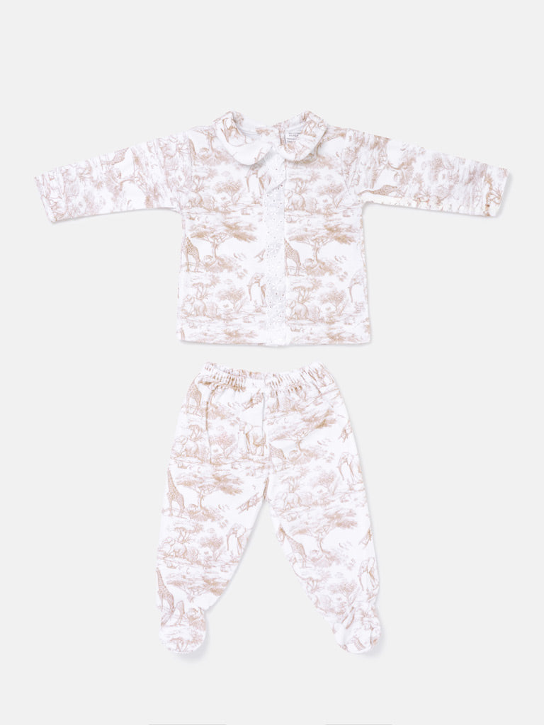 Baby Long-Sleeve 2-Piece Pyjama Set with Lace Detail - Safari Collection - Beige