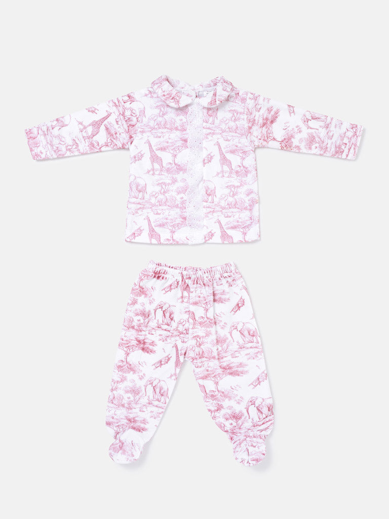 Baby Long-Sleeve 2-Piece Pyjama Set with Lace Detail - Safari Collection - Baby Pink
