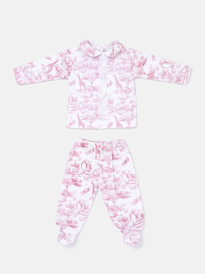 Baby Long-Sleeve 2-Piece Pyjama Set with Lace Detail - Safari Collection - Baby Pink