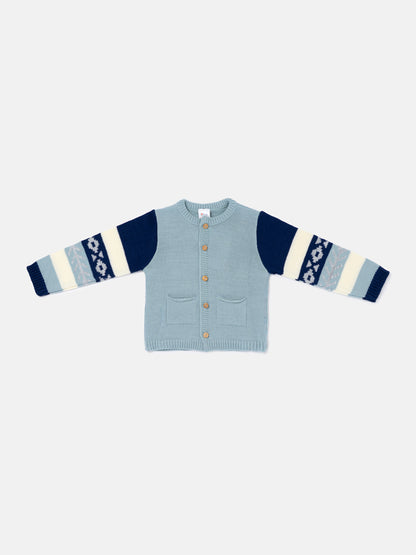 Baby Boy Knitted Cardigan Marco Collection with Geometric Sleeve Detail - Powder Blue