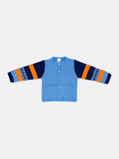 Baby Boy Knitted Cardigan Marco Collection with Geometric Sleeve Detail - Police Blue