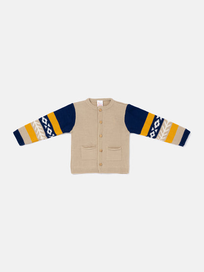 Baby Boy Knitted Cardigan Marco Collection with Geometric Sleeve Detail - Beige