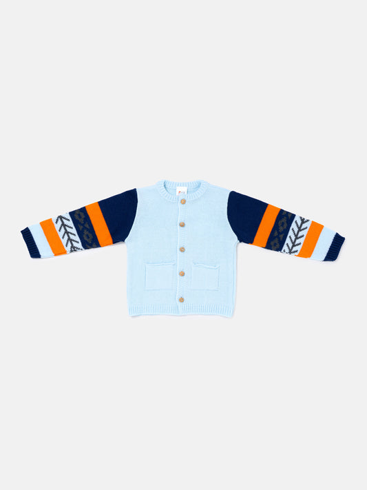 Baby Boy Knitted Cardigan Marco Collection with Geometric Sleeve Detail - Baby Blue