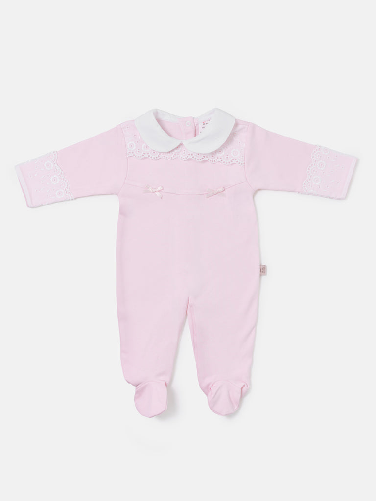 Baby Grow for Girls Eyelet Lace & Peter Pan Collar - Baby Pink