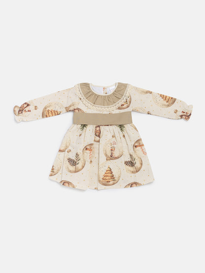Baby Girl Navidad Collection Dress with Festive Print - Beige