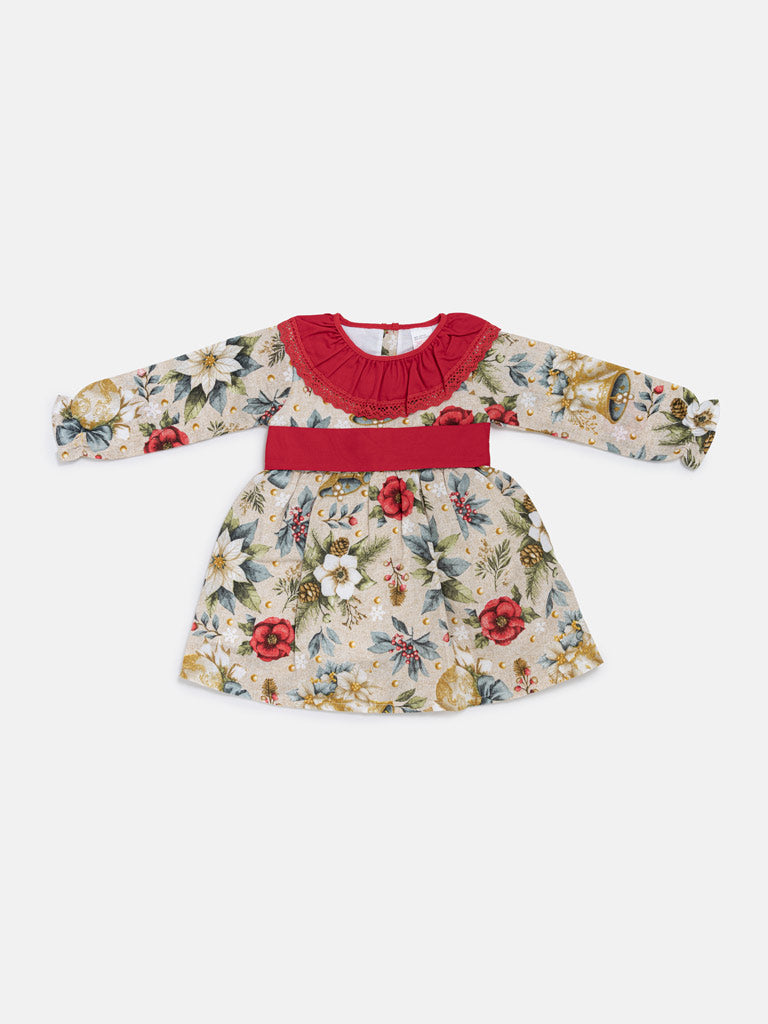 Baby Girl Navidad Collection Dress with Festive Print - Red & Dusty Blue