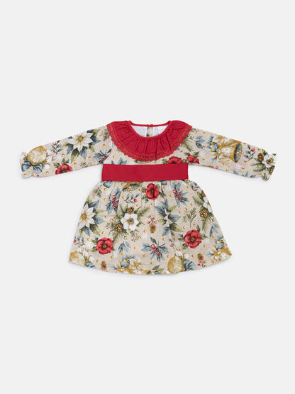 Baby Girl Navidad Collection Dress with Festive Print - Red & Dusty Blue