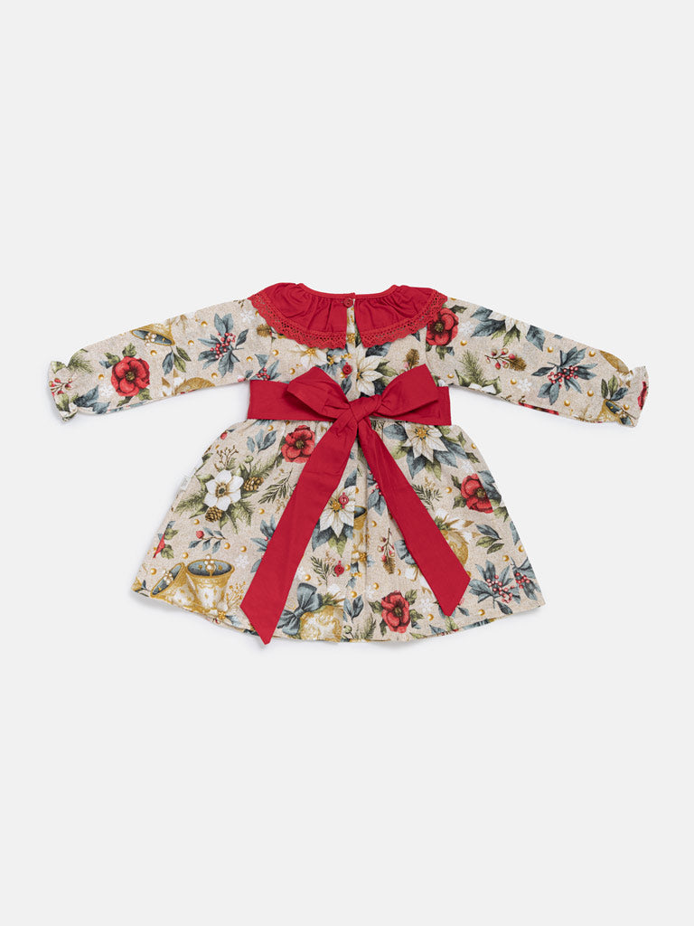 Baby Girl Navidad Collection Dress with Festive Print - Red & Dusty Blue