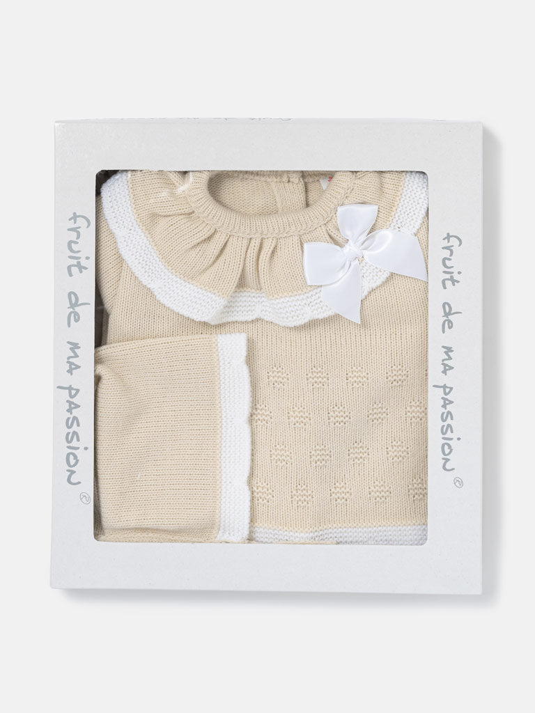 Baby Girl Knitted Ruffle & Contrast Trim 3-Piece Gift Box Set - Beige