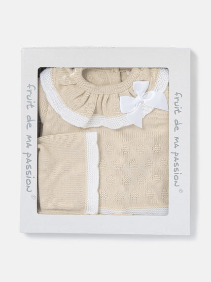 Baby Girl Knitted Ruffle & Contrast Trim 3-Piece Gift Box Set - Beige