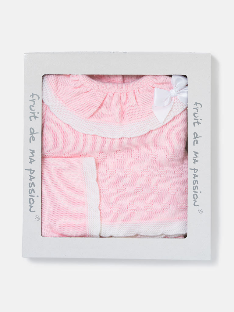 Baby Girl Knitted Ruffle & Contrast Trim 3-Piece Gift Box Set - Baby Pink
