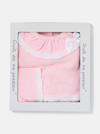 Baby Girl Knitted Ruffle & Contrast Trim 3-Piece Gift Box Set - Baby Pink