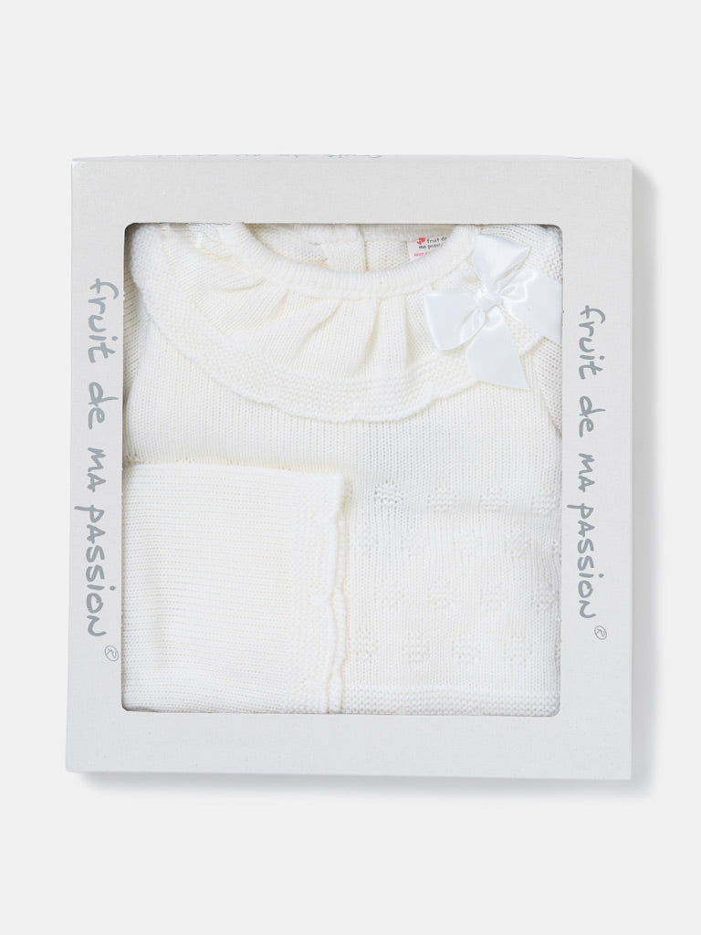 Baby Girl Knitted Ruffle & Contrast Trim 3-Piece Gift Box Set - Ivory