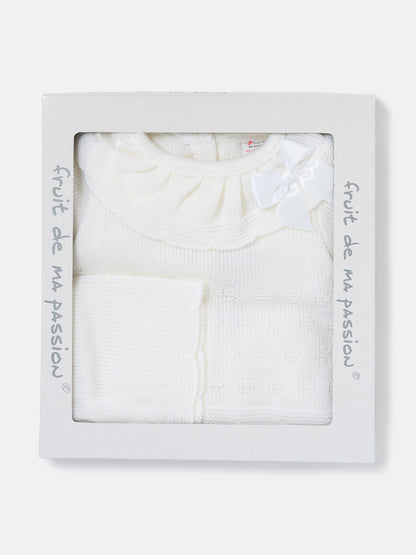 Baby Girl Knitted Ruffle & Contrast Trim 3-Piece Gift Box Set - Ivory