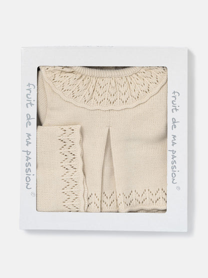 Baby Girl Fine Knit Pleated Front 3-Piece Gift Box Set - Beige