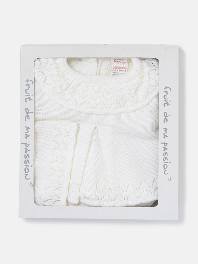 Baby Girl Fine Knit Pleated Front 3-Piece Gift Box Set - Ivory