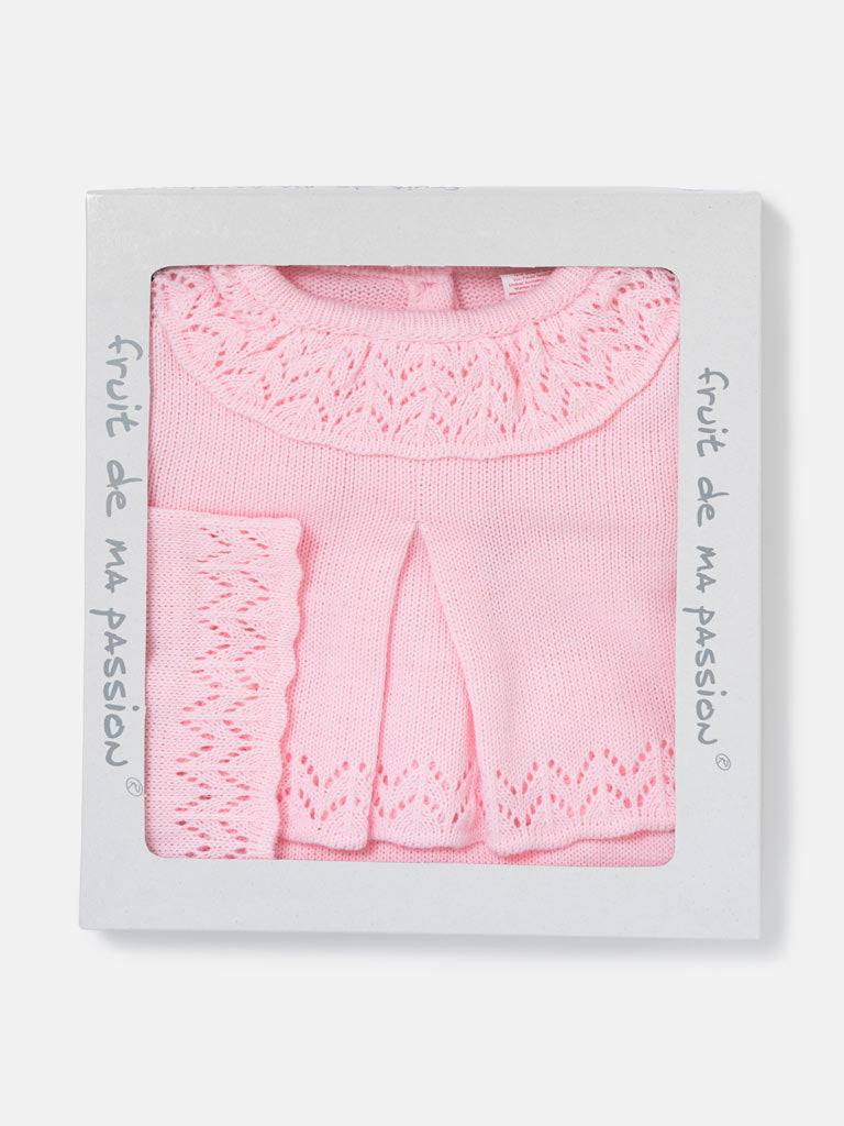 Baby Girl Fine Knit Pleated Front 3-Piece Gift Box Set - Baby Pink