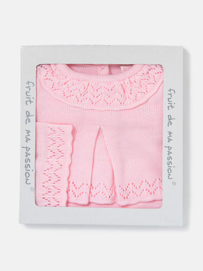 Baby Girl Fine Knit Pleated Front 3-Piece Gift Box Set - Baby Pink