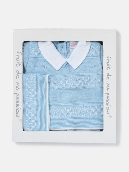 Baby Boy Contrast Smart Collar 3-Piece Knitted Gift Box Set - Baby Blue