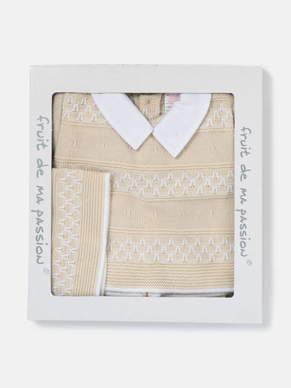 Baby Boy Contrast Smart Collar 3-Piece Knitted Gift Box Set - Beige