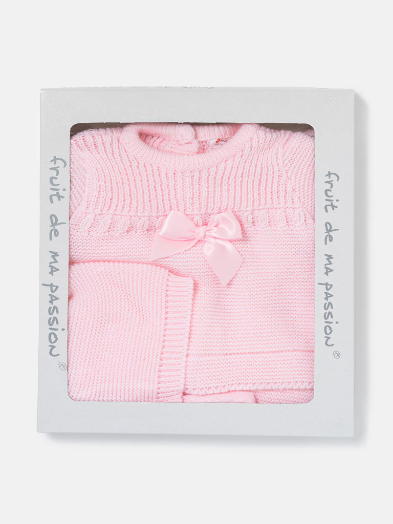 Baby Girl Spanish Style Satin Bow 3-Piece Knitted Gift Box Set - Baby Pink
